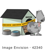 #42340 Clip Art Graphic Of A Homeless Dog Outside His Foreclosed House