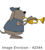 #42344 Clip Art Graphic Of A Dog Blowing A Trumpet