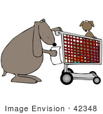 #42348 Clip Art Graphic Of A Puppy In A Cart Shopping With Its Mom Or Pop