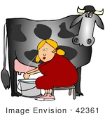 #42361 Clip Art Graphic of a Cow’s Udder Squirting A Lady In The Face by DJArt
