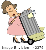 #42379 Clip Art Graphic Of A Lady Rolling Garbage To The Curb