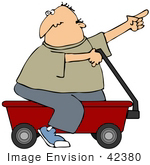 #42380 Clip Art Graphic Of A Man Riding On A Red Wagon Toy