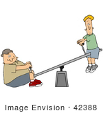 #42388 Clip Art Graphic Of Two Boys Skinny And Chubby Playing On A Teeter Totter