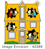 #42389 Clip Art Graphic of Parents And Their Children In Different Rooms Of A House, Using Computers by DJArt