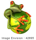 #42895 Royalty-Free (RF) Clipart Illustration of a 3d Red Eyed Tree Frog Hugging The Planet - Pose 2 by Julos