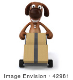 #42981 Royalty-Free (Rf) Clipart Illustration Of A 3d Brown Dog Mascot Moving Boxes With A Hand Truck - Pose 1
