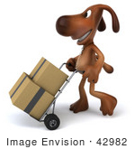 #42982 Royalty-Free (Rf) Clipart Illustration Of A 3d Brown Dog Mascot Moving Boxes With A Hand Truck - Pose 2