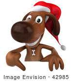 #42985 Royalty-Free (Rf) Clipart Illustration Of A 3d Brown Christmas Pooch Character Pointing Down At And Standing Behind A Blank Sign