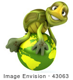 #43063 Royalty-Free (Rf) Cartoon Clipart Of A 3d Turtle Mascot Atop A Green Globe