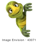 #43071 Royalty-Free (Rf) Cartoon Clipart Of A 3d Turtle Mascot Smiling And Looking Around A Blank Sign