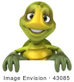 #43085 Royalty-Free (Rf) Cartoon Clipart Of A 3d Turtle Mascot Smiling And Standing Behind A Blank Sign
