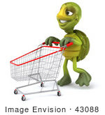 #43088 Royalty-Free (Rf) Cartoon Clipart Of A 3d Turtle Mascot Walking Through A Store With A Shopping Cart