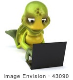 #43090 Royalty-Free (Rf) Cartoon Clipart Of A 3d Turtle Mascot On His Belly And Using A Laptop