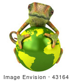 #43164 Royalty-Free (Rf) Clipart Illustration Of A 3d Lizard Chameleon Mascot Resting On Top Of A Globe