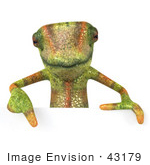 #43179 Royalty-Free (Rf) Clipart Illustration Of A 3d Lizard Chameleon Mascot Pointing Down To And Standing Behind A Blank Sign