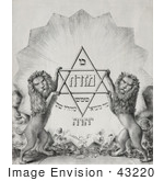#43220 Rf Illustration Of Sepia Toned Lions Holding Magen David With Hebrew Text