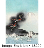 #43229 Rf Illustration Of A Dragon Rising To The Top Of Mt Fuji Causing Strong Waves To Flow Towards Ships