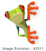 #43311 Royalty-Free (Rf) Illustration Of A Cute 3d Red Eye Tree Frog Looking Around A Blank Sign - Pose 3