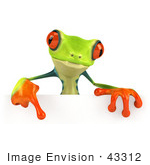 #43312 Royalty-Free (Rf) Illustration Of A Cute 3d Red Eye Tree Frog Pointing Down At And Standing Behind A Blank Sign