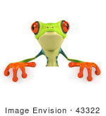 #43322 Royalty-Free (Rf) Clipart Illustration Of A 3d Red Eye Tree Frog Standing Behind A Blank Sign - Pose 2