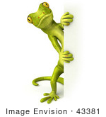 #43381 Royalty-Free (Rf) Illustration Of A 3d Green Gecko Mascot Looking Around A Blank Sign - Pose 2