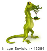 #43384 Royalty-Free (Rf) Illustration Of A 3d Green Gecko Mascot Carrying A Plant - Version 2