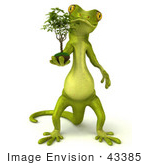 #43385 Royalty-Free (Rf) Illustration Of A 3d Green Gecko Mascot Carrying A Plant - Version 1