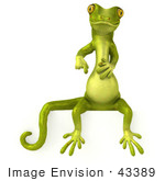 #43389 Royalty-Free (Rf) Illustration Of A 3d Green Gecko Mascot Sitting On And Pointing Down At A Blank Sign
