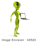 #43523 Royalty-Free (Rf) Illustration Of A 3d Green Alien Presenting A Laptop - Pose 3