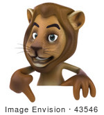 #43546 Royalty-Free (Rf) Illustration Of A 3d Lion Mascot Pointing To And Standing Behind A Blank Sign