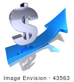 #43563 Royalty-Free (Rf) Illustration Of A 3d Silver Dollar Sign On Top Of A Blue Arrow - Version 1