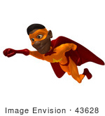 #43628 Royalty-Free (Rf) Cartoon Illustration Of A Flying Black Male 3d Superhero Mascot With One Fist Forward