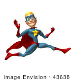 #43638 Royalty-Free (Rf) Cartoon Illustration Of A Male 3d Superhero Mascot Leaping Past And Waving