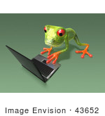#43652 Royalty-Free (Rf) Cartoon Illustration Of A 3d Green Tree Frog Character Using A Laptop - Pose 6