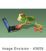 #43659 Royalty-Free (Rf) Cartoon Illustration Of A 3d Green Tree Frog Character Using A Laptop - Pose 5