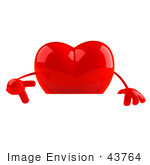 #43764 Royalty-Free (Rf) Illustration Of A Romantic 3d Red Love Heart Mascot Pointing Down At And Standing Behind A Blank Sign