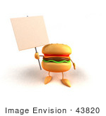 #43820 Royalty-Free (Rf) Illustration Of A 3d Cheeseburger Mascot Holding Up A Sign On A Post - Version 3