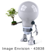 #43838 Royalty-Free (Rf) Illustration Of A 3d Robotic Incandescent Light Bulb Mascot Holding A Plant - Version 2