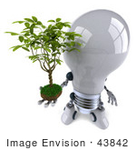 #43842 Royalty-Free (Rf) Illustration Of A 3d Robotic Incandescent Light Bulb Mascot Holding A Plant - Version 3