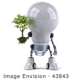 #43843 Royalty-Free (Rf) Illustration Of A 3d Robotic Incandescent Light Bulb Mascot Holding A Plant - Version 1