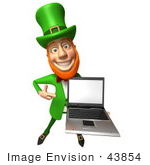 #43854 Royalty-Free (Rf) Illustration Of A Friendly 3d Leprechaun Man Mascot Holding A Laptop - Version 2