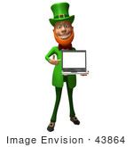 #43864 Royalty-Free (Rf) Illustration Of A Friendly 3d Leprechaun Man Mascot Holding A Laptop - Version 4