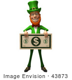 #43873 Royalty-Free (Rf) Illustration Of A Friendly 3d Leprechaun Man Mascot Holding A Large Dollar Bill - Version 3