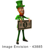 #43885 Royalty-Free (Rf) Illustration Of A Friendly 3d Leprechaun Man Mascot Holding A Large Dollar Bill - Version 2