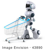 #43890 Royalty-Free (Rf) Illustration Of A 3d Robot Mascot Pushing A Shopping Cart - Version 3