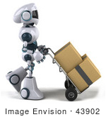 #43902 Royalty-Free (Rf) Illustration Of A 3d Robot Mascot Pushing Boxes On A Dolly - Version 1