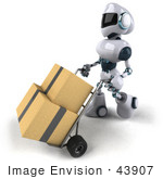 #43907 Royalty-Free (Rf) Illustration Of A 3d Robot Mascot Pushing Boxes On A Dolly - Version 2