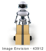 #43912 Royalty-Free (Rf) Illustration Of A 3d Robot Mascot Pushing Boxes On A Dolly - Version 3