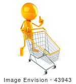 #43943 Royalty-Free (Rf) Illustration Of A 3d Orange Man Mascot Pushing A Shopping Cart - Version 1