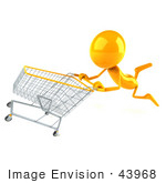#43968 Royalty-Free (Rf) Illustration Of A 3d Orange Man Mascot Pushing A Shopping Cart - Version 3